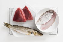 Whole and sliced fish on grill rack — Stock Photo