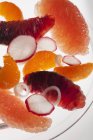 Цитрусовый салат с очищенными апельсинами, грейпфрутом, кровавым апельсином, редиской и луком — стоковое фото
