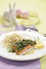 Salmon fillet with tagliatelle pasta — Stock Photo