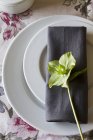 A place setting with two plates and a grey napkin decorated with a green winter rose — Stock Photo
