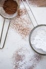 Cocoa and icing sugar in strainers — Stock Photo