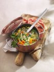 Schnsch - stufato di fagioli e verdure con prosciutto di cottage in pentola con mestolo — Foto stock