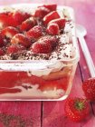 Strawberry tiramisu in a glass dish — Stock Photo