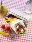 Closeup view of a vegetable wrap in a lunch box — Stock Photo