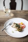 Grilled monkfish with chimichurri — Stock Photo