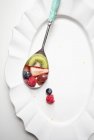 Primer plano vista superior de piezas de fruta en cuchara y plato blanco - foto de stock