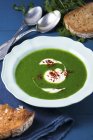 Elevated view of parsley soup with Creme fraiche and toasts — Stock Photo