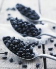 Black beans in spoons over wooden surface — Stock Photo