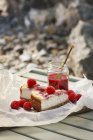 Raspberry cheesecake on paper — Stock Photo