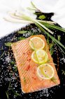 Salmon fillet with lemon slices — Stock Photo