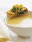 Sweetcorn soup with scrambled egg crostino — Stock Photo