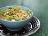 Крупный план тайского супа с курицей в голубой миске — стоковое фото