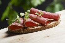 Slice of bread topped with pepper salami — Stock Photo