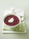 Bowl of Beet Soup with Sour Cream — Stock Photo