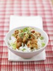 Pollo tailandés con chile sobre arroz - foto de stock