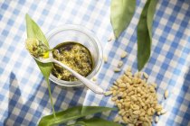 Vue rapprochée de l'ail sauvage Pesto et ingrédients — Photo de stock
