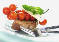 Mozzarella und Basilikum auf Toastbrot — Stockfoto