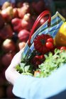 Frische Tomaten und Kräuter in einer karierten Einkaufstasche — Stockfoto