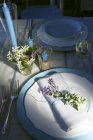 Erhöhte Ansicht eines blau-weiß gedeckten und mit Blumen dekorierten Tisches — Stockfoto