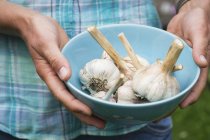 Woman holding garlic in bowl — Stock Photo