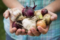 Frau mit Zwiebeln und Knoblauch — Stockfoto