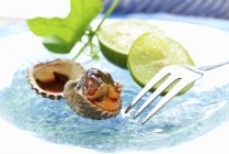 Closeup view of clams with lime slices and fork — Stock Photo
