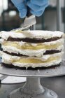 Chef glassa una torta di strato con glassa — Foto stock