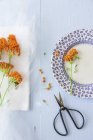 Vista superior de flores frescas cortadas con tijeras, tela y plato - foto de stock
