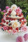 Pastel de merengue con bayas y flores - foto de stock