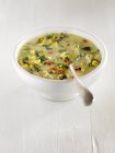 Zuppa di mais con patate, peperoni rossi e verdi, sedano, prezzemolo e cipolle su piatto bianco con cucchiaio — Foto stock