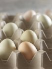 Vista de cerca de huevos de diferentes colores en una caja de huevos - foto de stock