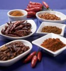 Spices in white dishes and chili peppers — Stock Photo