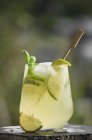 Vue rapprochée de la boisson au citron vert avec des glaçons — Photo de stock