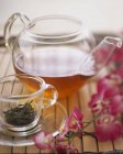 Зелений чай в чайнику і чайному листі — стокове фото