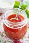 Jar of homemade tomato sauce — Stock Photo