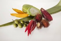 Verschiedene Arten von exotischem Obst und Gemüse auf weißem Hintergrund — Stockfoto