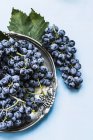 Black grapes in metal plate — Stock Photo