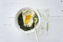Uovo fritto su spinaci con purè di patate — Foto stock