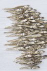 Nahaufnahme von getrocknetem Fisch auf weißer Oberfläche angeordnet — Stockfoto