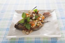 Gebratener Fisch mit würzigem Kräutersalat — Stockfoto