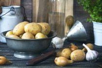 Kartoffeln in Metallschüssel mit Zwiebeln und Knoblauch — Stockfoto