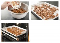 Three images illustrating preparing spiced nuts on baking tray in oven — Stock Photo