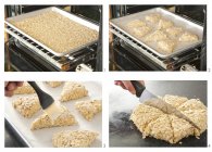 Quattro immagini che illustrano la preparazione di focaccine di farina d'avena — Foto stock