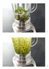 Dos imágenes que ilustran la preparación del Pesto en licuadora - foto de stock