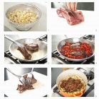 Steps for preparing beef and pasta — Stock Photo