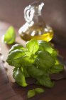 Hojas de albahaca fresca y aceite de oliva - foto de stock