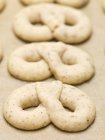 Unbaked pretzels on baking paper — Stock Photo