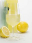 Closeup view of Limoncello and fresh lemons — Stock Photo