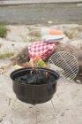 Elevated daytime view of burning coal in barbecue by a river — Stock Photo