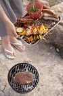 Cropped view of woman serving grilled food in aluminium dish at barbecue — Stock Photo